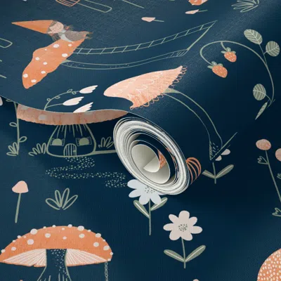 Spoonflower Peel And Stick Wallpaper Small Cute Mushrooms And Gnomes Dark Blue 2' X 12' Removable