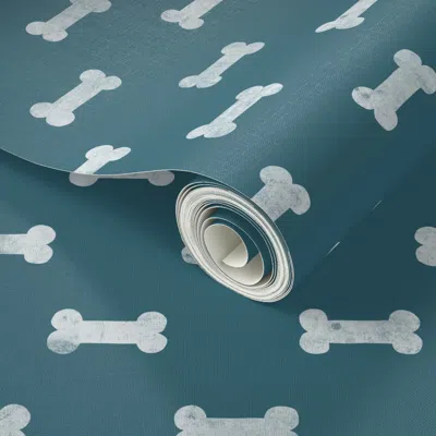 Spoonflower Peel And Stick Wallpaper Small Dog Bones - Teal - Lad23 2' X 12' Removable