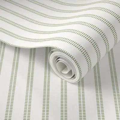 Spoonflower Peel And Stick Wallpaper Small- Double Row Pill Stripes - Avocado Green On Snow White 2' X 12' Remov