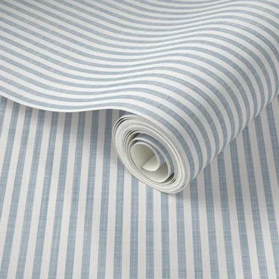 Spoonflower Peel And Stick Wallpaper Small French Blue Farmhouse Linen Pinstripe - Thin Coastal Chambray Stripes