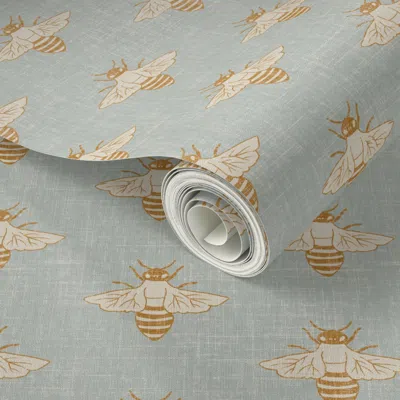 Spoonflower Peel And Stick Wallpaper Small - Orange Orchard Honeybee -pale Blue With Orange 2' X 12' Removable