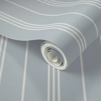 Spoonflower Peel And Stick Wallpaper Small Scale / Classic Ticking Stripes Creamy White French Grey Blue 02 2' X