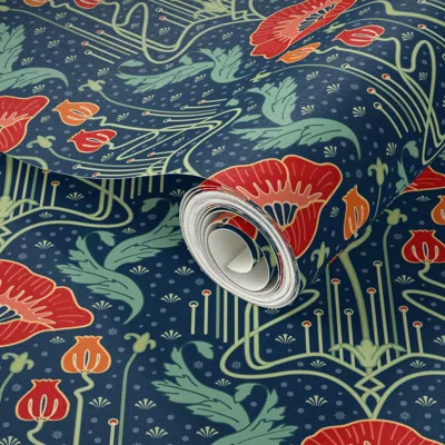Spoonflower Peel And Stick Wallpaper Small Size - Art Nouveau Poppy Red 2' X 12' Removable In Multi