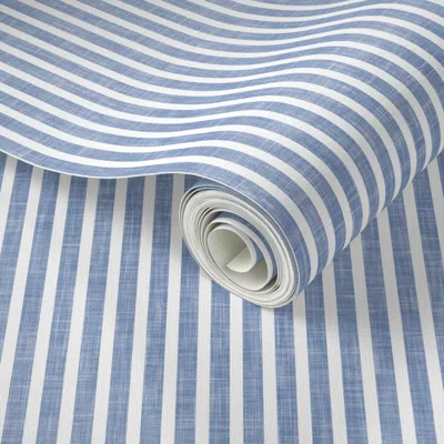 Spoonflower Peel And Stick Wallpaper Small Stripes - Linen Textured Stripes - Coastal Blue - Lad21 2' X 12' Remo