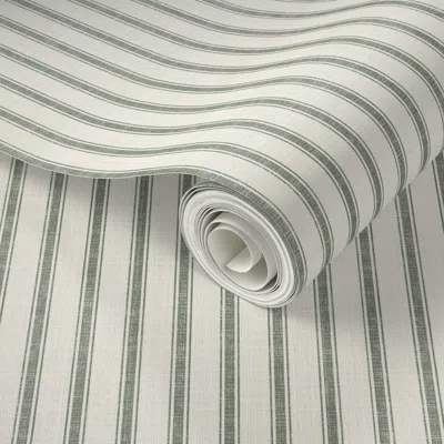 Spoonflower Peel And Stick Wallpaper (small) Textured Ticking Stripe - Pine & Ivory - Vintage Country Style 2' X