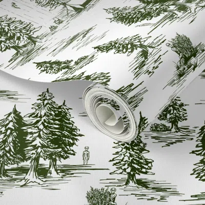 Spoonflower Peel And Stick Wallpaper Small-scale Forest Green & White Alien Abduction Toile De Jouy  Removable