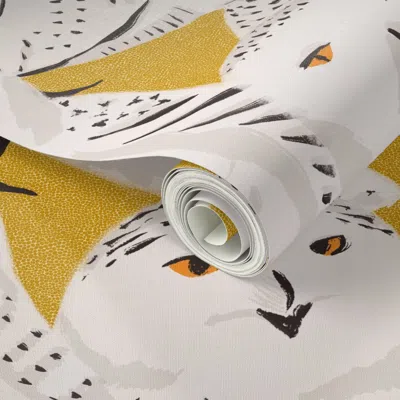 Spoonflower Peel And Stick Wallpaper Snowy Owls (mustard) 2' X 12' Removable
