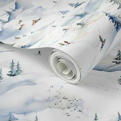 Spoonflower Peel And Stick Wallpaper Snowy Skiing Hills Watercolor 2' X 12' Removable