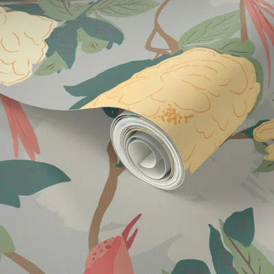 Spoonflower Peel And Stick Wallpaper Song Bird And Large Peony Flowers Chinoiserie//grey//extra Large//spring 2'