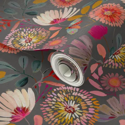 Spoonflower Peel And Stick Wallpaper Sophisticated Botanicals Charcoal Medium Scale 2' X 12' Removable