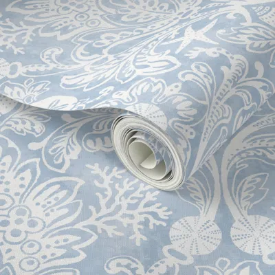 Spoonflower Peel And Stick Wallpaper  Damask With Seashells Icy Blue 2' X 12' Removable