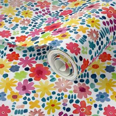Spoonflower Peel And Stick Wallpaper Spring Feeling - Watercolor Flowers And Rain M 2' X 12' Removable
