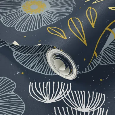 Spoonflower Peel And Stick Wallpaper Spring Floral M+m Navy Black By Friztin 2' X 12' Removable In Multi