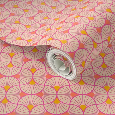 Spoonflower Peel And Stick Wallpaper Spring Ogee Scallop Blender - Sand Hot Pink Papaya Marigold - Small 2' X 12
