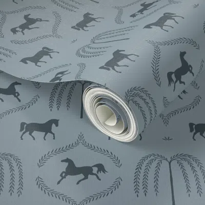 Spoonflower Peel And Stick Wallpaper Standish Horse And Willow Farmhouse Equestrian In Blue Serge (small) 2' X 1