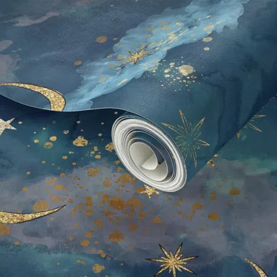 Spoonflower Peel And Stick Wallpaper Starlight Magical Sky Moon & Stars 2' X 12' Removable