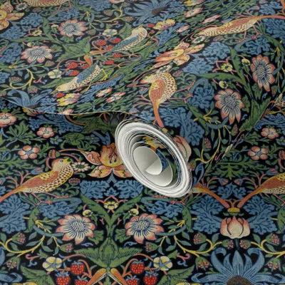 Spoonflower Peel And Stick Wallpaper Strawberry Thief Redux William Morris Bright On Black Small 2' X 12' Remova
