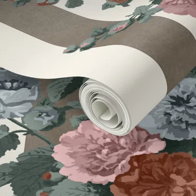 Spoonflower Peel And Stick Wallpaper Striped Hollyhocks Custom Kitchen Brown 2' X 12' Removable