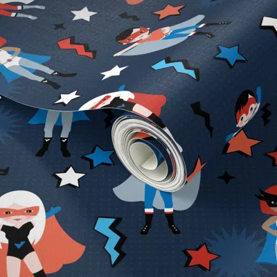 Spoonflower Peel And Stick Wallpaper Super Hero Friends Boys And Girls In Super Hero Power Ladies Costumes With 