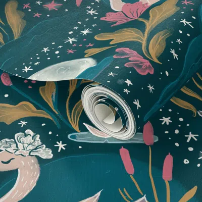 Spoonflower Peel And Stick Wallpaper Swans At Moonlight - Teal And Gold 2' X 12' Removable