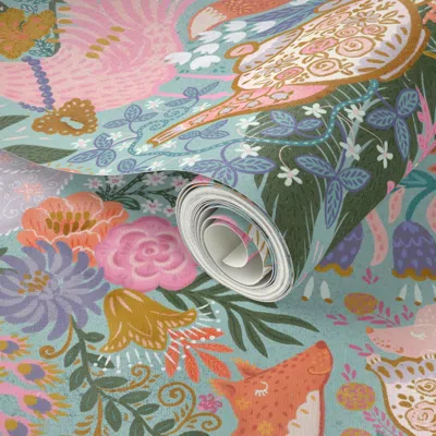Spoonflower Peel And Stick Wallpaper Tea Time At Wonderland (custom Mint) Xl 2' X 12' Removable
