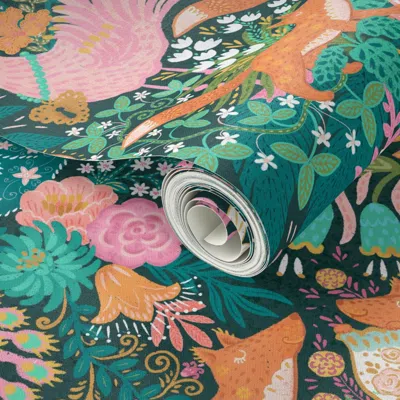Spoonflower Peel And Stick Wallpaper Tea Time At Wonderland (custom - Teal) Xl 2' X 12' Removable In Multi