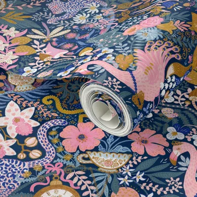 Spoonflower Peel And Stick Wallpaper Tea Time At Wonderland (navy) Ditzy 2' X 12' Removable