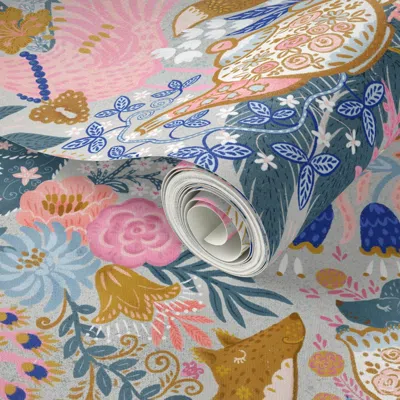 Spoonflower Peel And Stick Wallpaper Tea Time At Wonderland (silver) 24 2' X 12' Removable