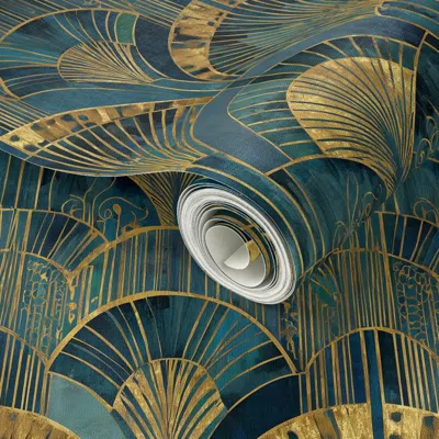 Spoonflower Peel And Stick Wallpaper Teal And Gold Art Deco Gateway Pattern  Removable