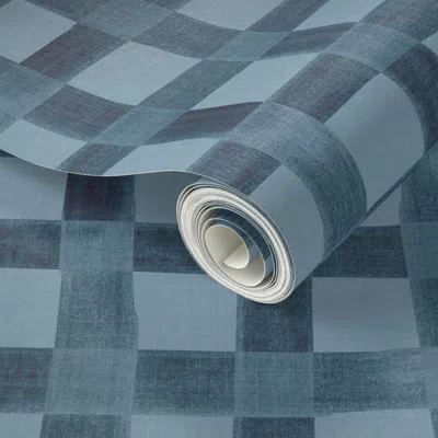 Spoonflower Peel And Stick Wallpaper Textured Basic-linen Look Basket Weave Checkerboard Plaid Dark Coastal Navy In Blue