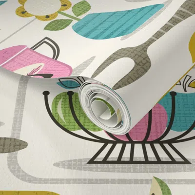 Spoonflower Peel And Stick Wallpaper The Collectible Kitchen - Pink - Turquoise - Green - Goldenrod 2' X 12' Rem