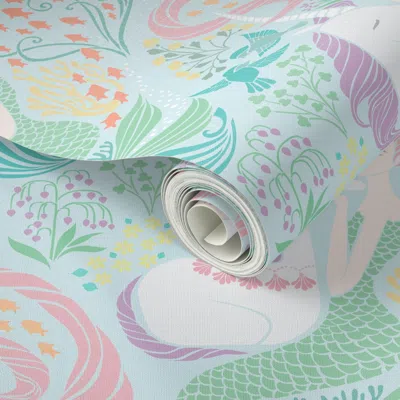 Spoonflower Peel And Stick Wallpaper The Mermaid And The Unicorn Pastel 20200917 - Sample Only 2' X 12' Removabl
