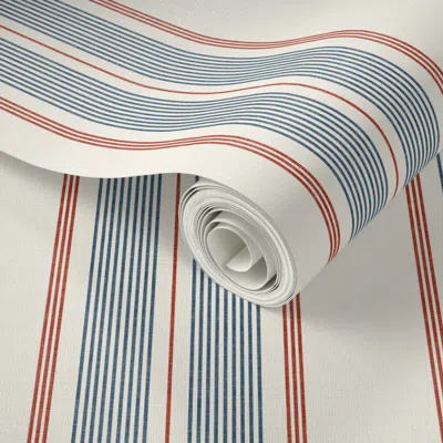 Spoonflower Peel And Stick Wallpaper Thin Ticking Stripes Navy Blue Red Off White Vintage Western Americana M 2'