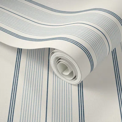 Spoonflower Peel And Stick Wallpaper Thin Ticking Stripes Navy Blue Sky Blue And Cream Nautical Interior Medium 