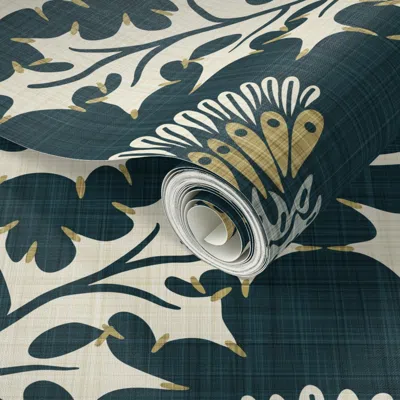 Spoonflower Peel And Stick Wallpaper Thistle - Large - Citron - Teal - Cream - Botanical - Linen Texture  Remova