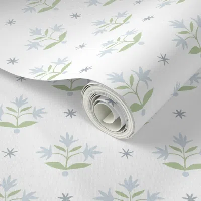 Spoonflower Peel And Stick Wallpaper Thistle Stars Blues Green On White 2' X 12' Removable