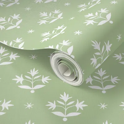 Spoonflower Peel And Stick Wallpaper Thistle Stars Soft Green And White 2' X 12' Removable