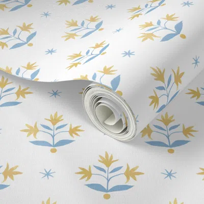 Spoonflower Peel And Stick Wallpaper Thistle Stars White Cerulean And Marigold 2' X 12' Removable