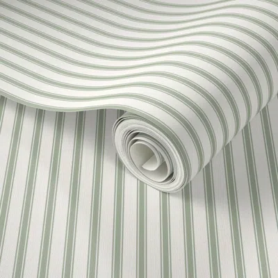 Spoonflower Peel And Stick Wallpaper Ticking Stripe Sage Green & Cream Pillow Ticking 2' X 12' Removable