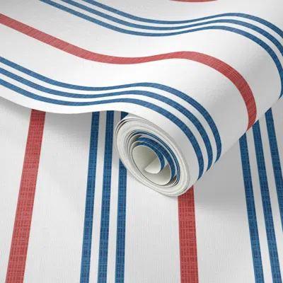 Spoonflower Peel And Stick Wallpaper Ticking Stripes - Textured Dark Blue And Red On Pure White 2' X 12' Removab