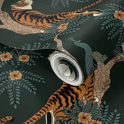 Spoonflower Peel And Stick Wallpaper Tiger And Peacock Dark Green (large Scale) 2' X 12' Removable