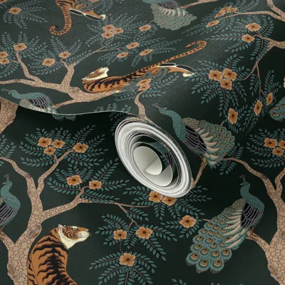 Spoonflower Peel And Stick Wallpaper Tiger And Peacock Dark Green (medium Scale) 2' X 12' Removable In Multi
