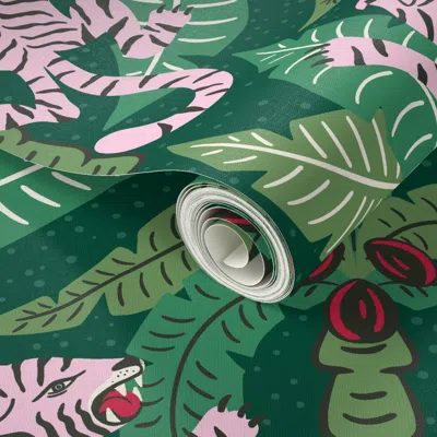 Spoonflower Peel And Stick Wallpaper Tiger Damask - Green Pink - Jumbo 2' X 12' Removable
