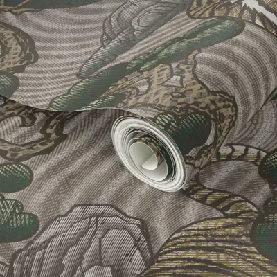 Spoonflower Peel And Stick Wallpaper Tiger Pine Dry Landscape Woodcut Pattern-watermark Pastel  Removable In Green