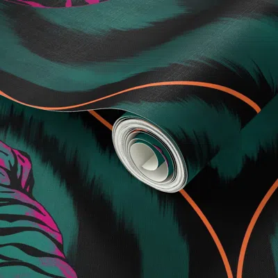 Spoonflower Peel And Stick Wallpaper Tiger Spirit - Black & Teal & Pink - Extra Large 2' X 12' Removable