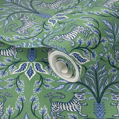 Spoonflower Peel And Stick Wallpaper Tigers And Palms - Blue And Green - Medium 2' X 12' Removable