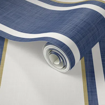 Spoonflower Peel And Stick Wallpaper Timeless Chunky Linen Stripe End Navy Blue Cloud Dancer Mustard Gold  Remov In Multi