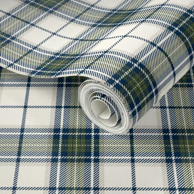 Spoonflower Peel And Stick Wallpaper Timeless-plaid-ivory Background W/ Navy Blue Olive Green And Khaki Stripes 