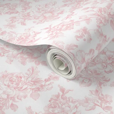 Spoonflower Peel And Stick Wallpaper Tiny Blush Pink Rococo Toile Roses With Pink Bows Coquette Vintage Floral 2