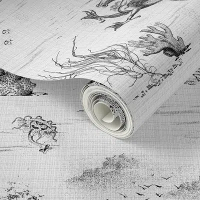 Spoonflower Peel And Stick Wallpaper Toile De Mer - Black On Light Textured Background - Large Scale 2' X 12' Re
